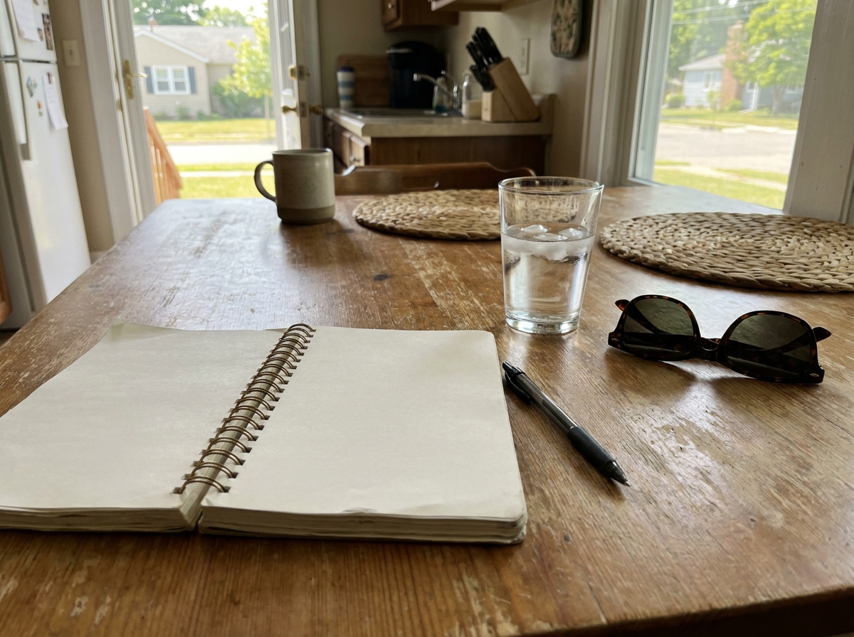 Open notebook on a sunny kitchen table used to track headaches and other delayed symptoms
