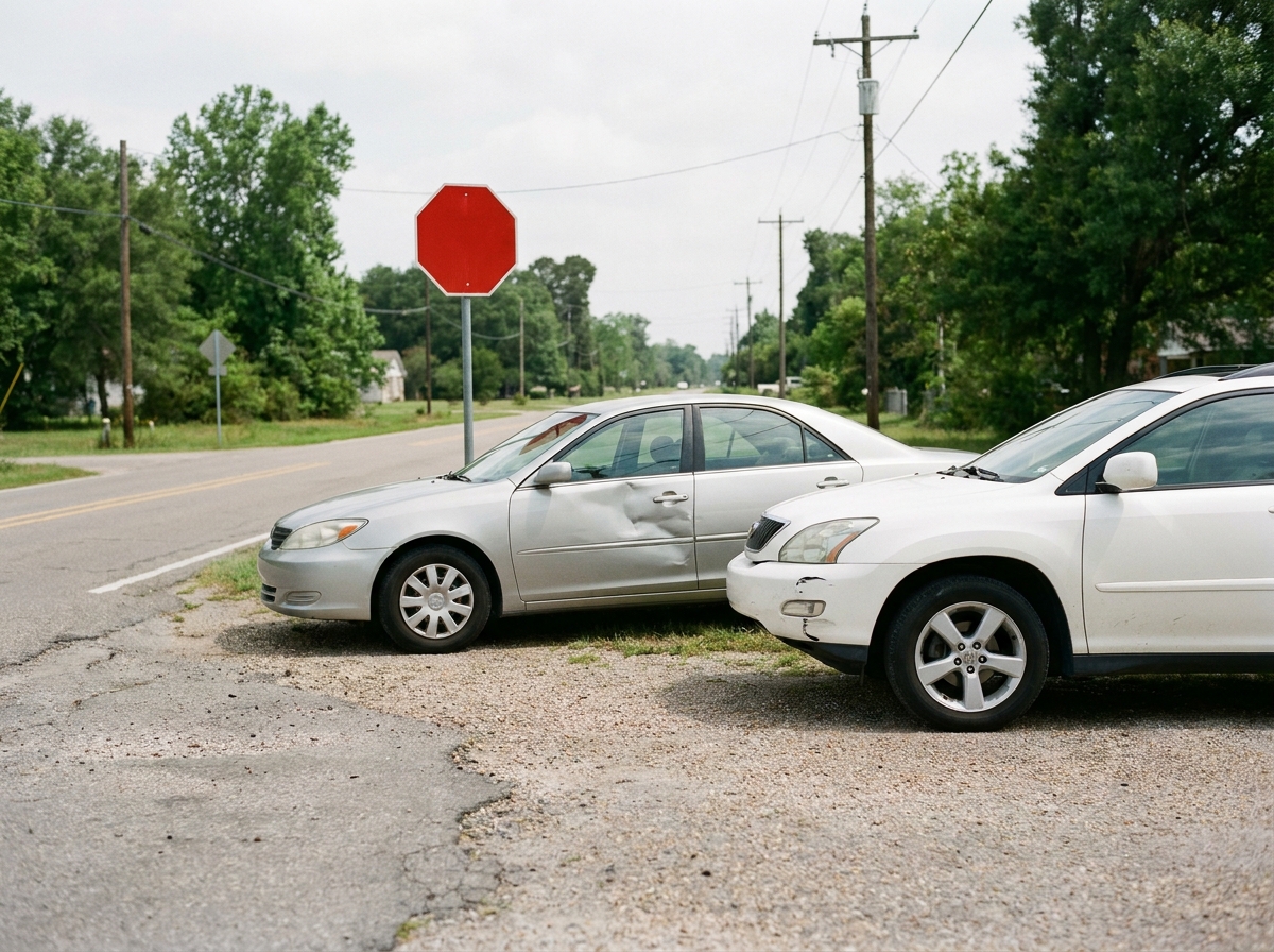 Car with a dented side door parked near a stop sign after a daytime intersection crash