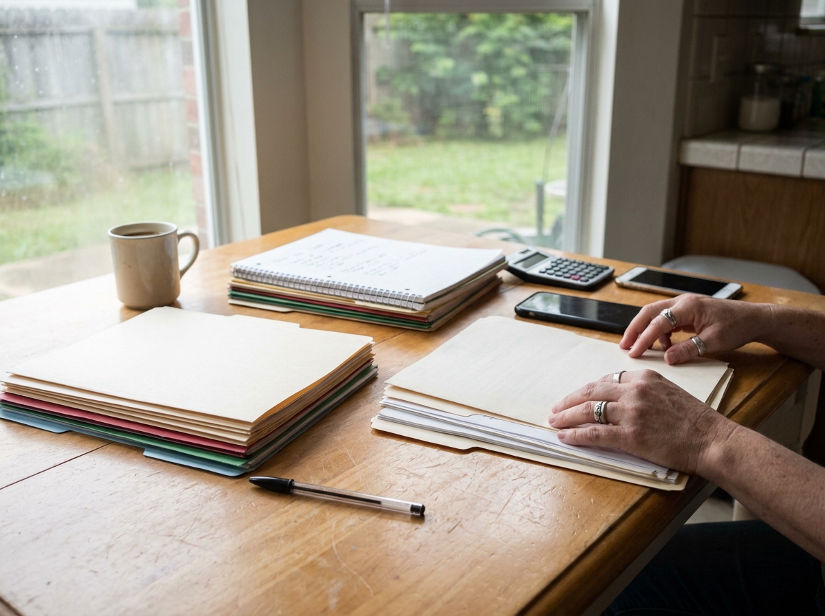 Hands organizing crash records and bills in folders to protect a family's civil claim