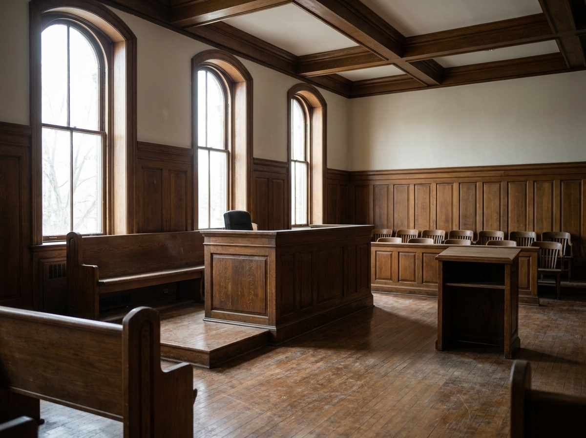 Empty courtroom in daylight where a criminal verdict is reached separately from a civil claim