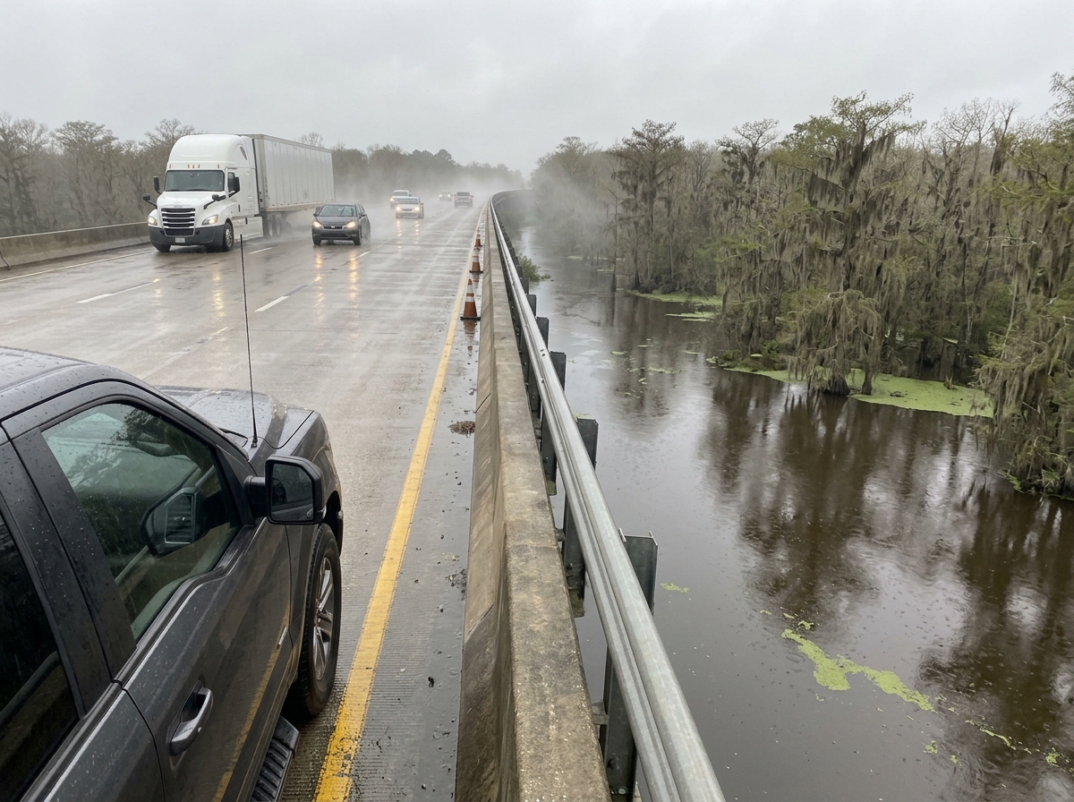 Narrow shoulder on an elevated Louisiana interstate bridge over swampland in light rain