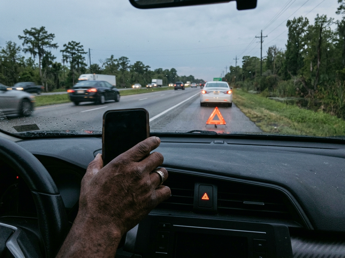Driver calling for help from inside a parked car with hazards on behind a disabled vehicle