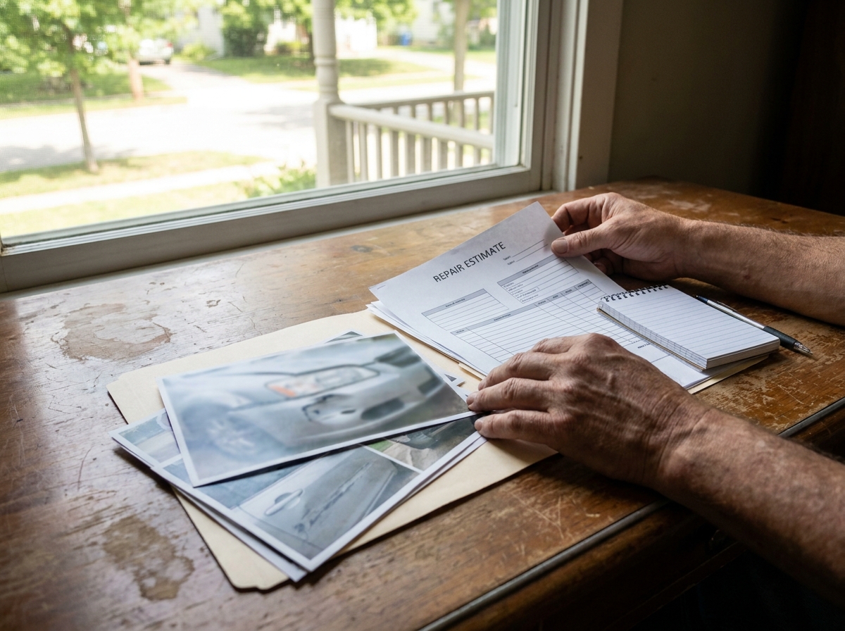 Hands organizing repair estimates and damage photos before asking why a claim was closed