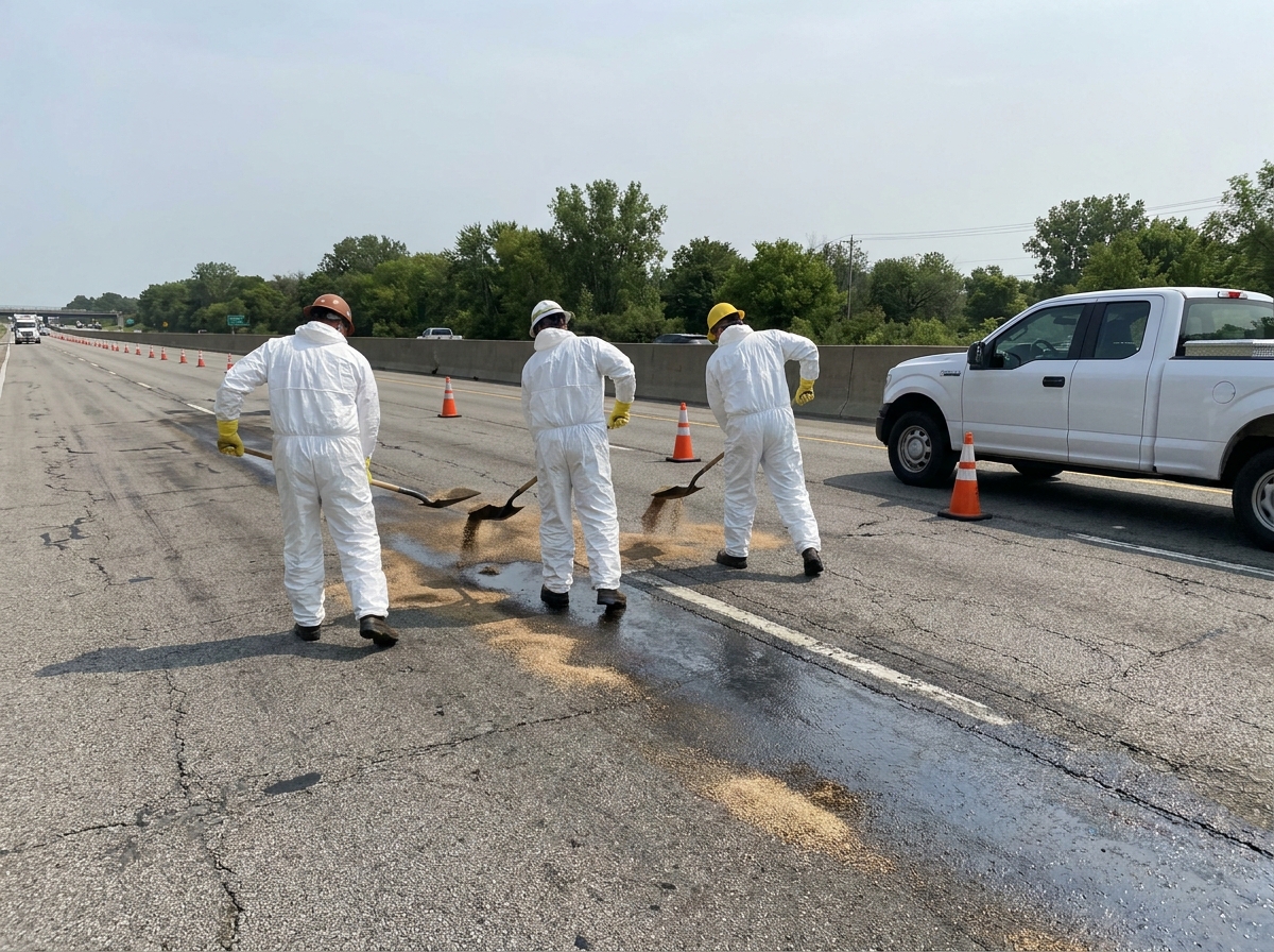 Cleanup crew spreading absorbent over an oil spill on a closed interstate lane after a truck wreck