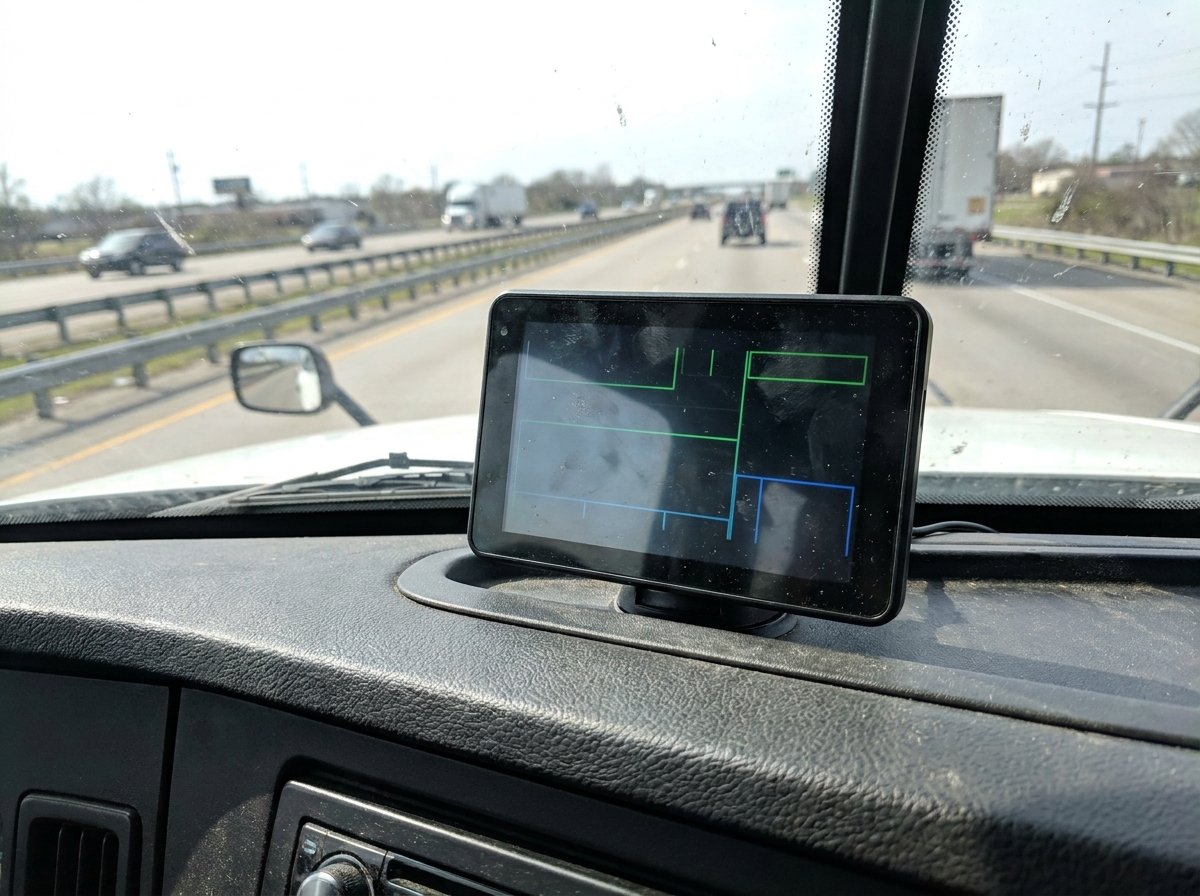 Electronic logging device mounted on a semi-truck dashboard that records the driver's hours
