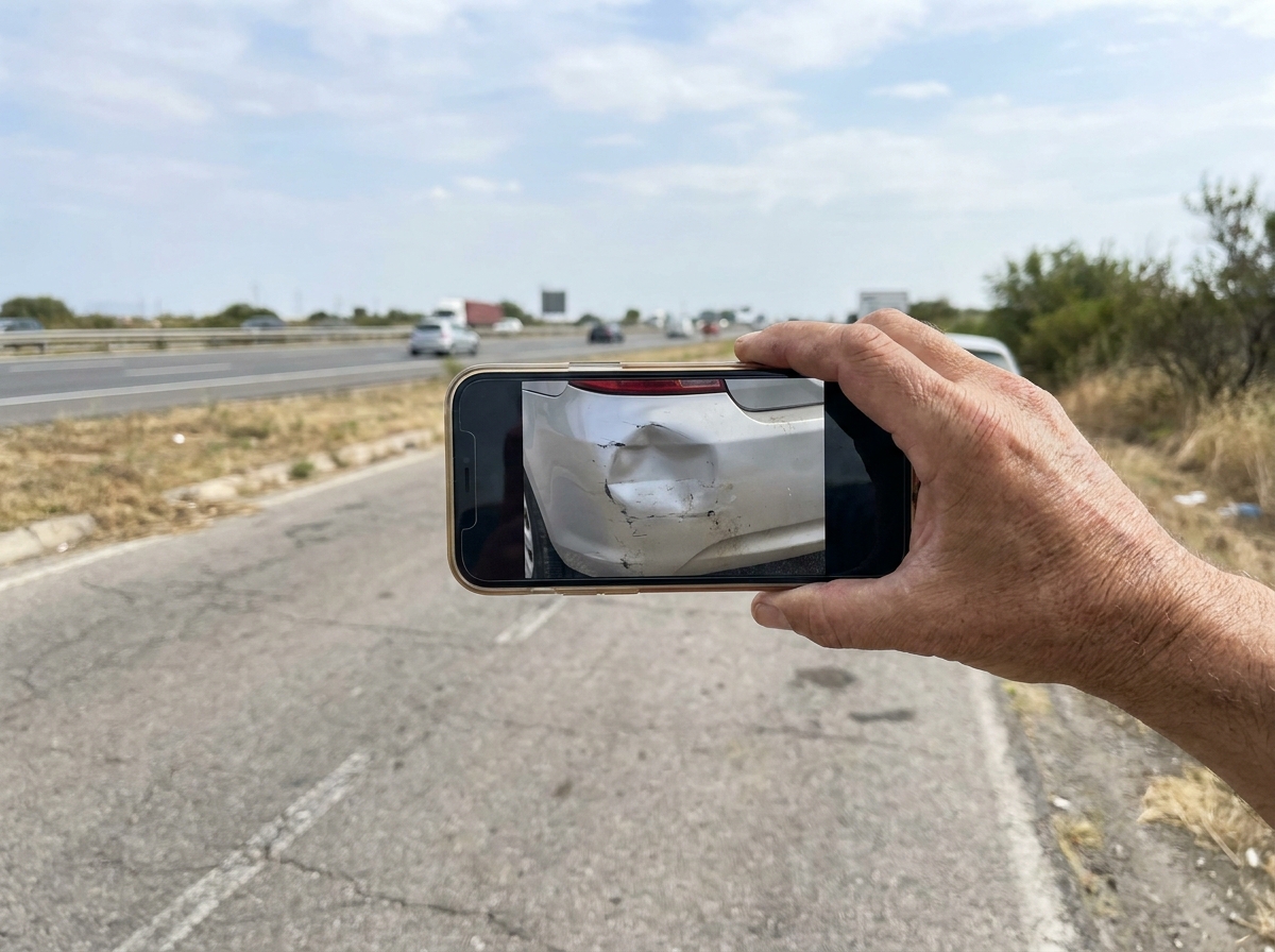 Driver photographing car damage on a phone to document the crash before leaving Louisiana