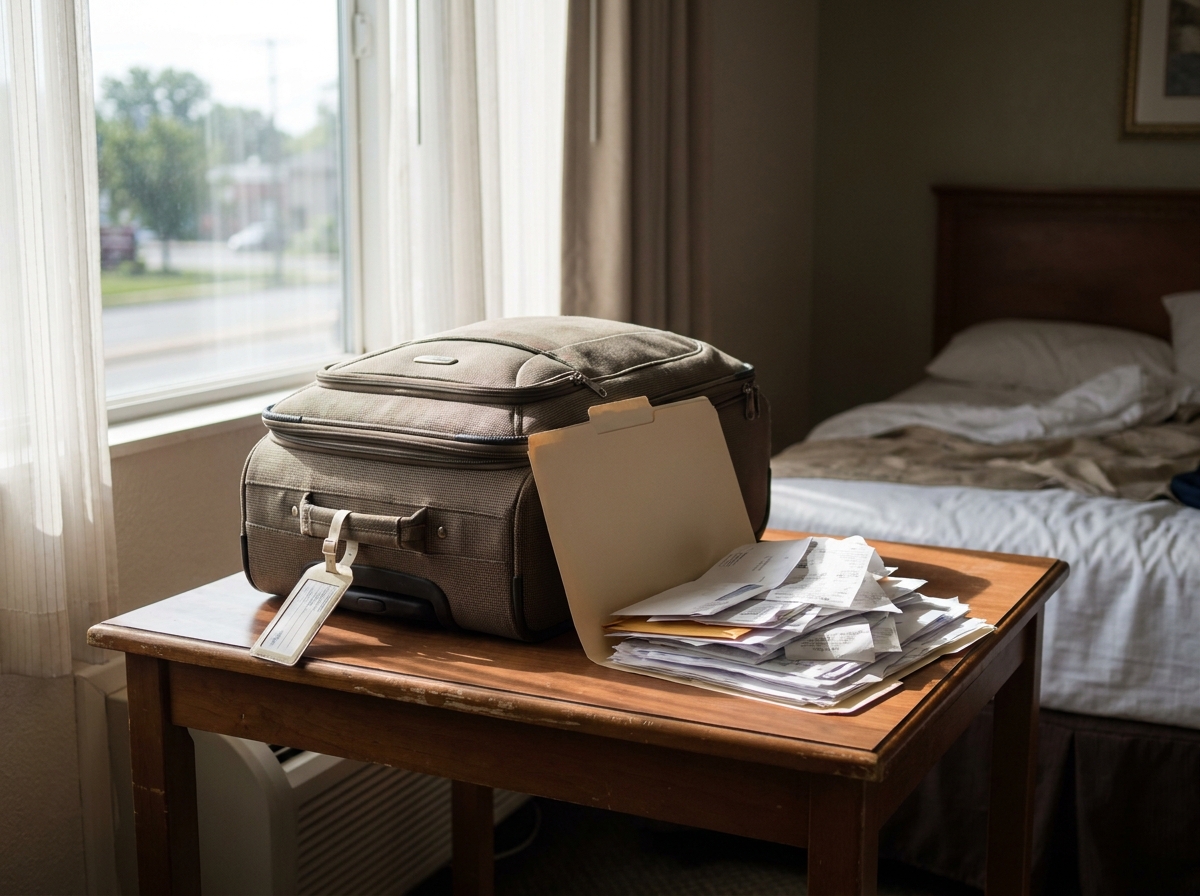 Folder of crash records and receipts beside a packed suitcase before a visitor heads home