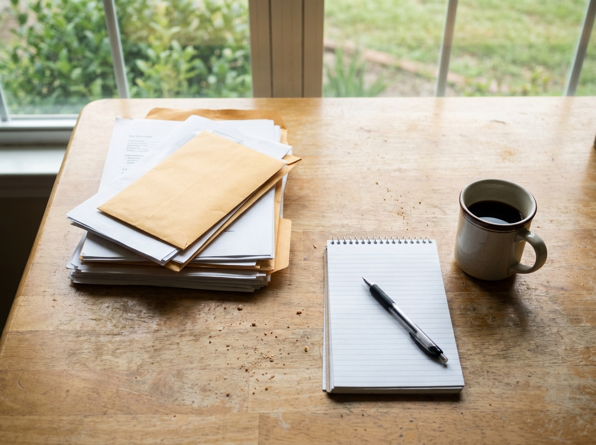 Organized bills and notes on a kitchen table as parents gather records for a claim