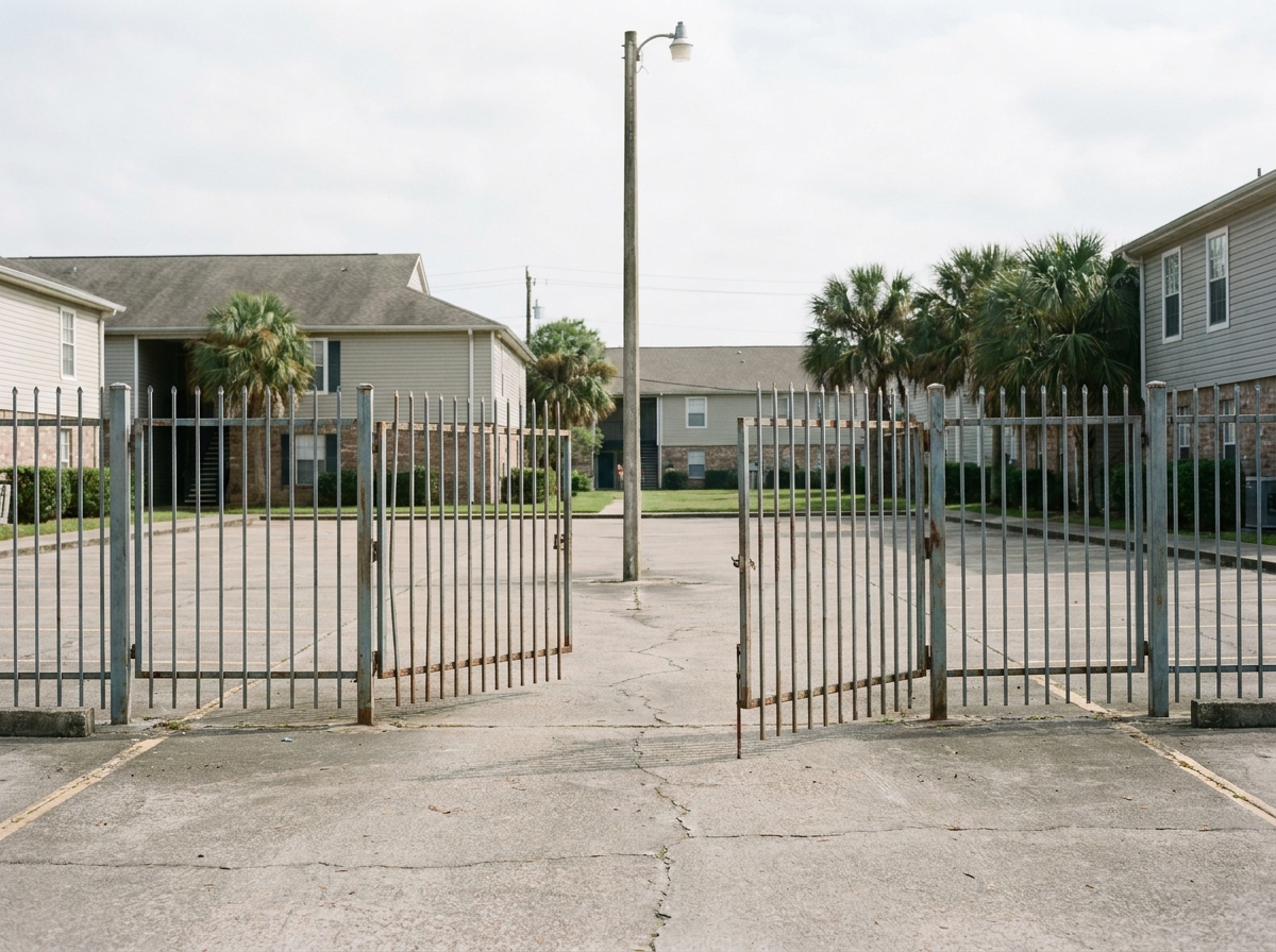 Apartment complex parking lot with an open security gate and light pole on a sunny day