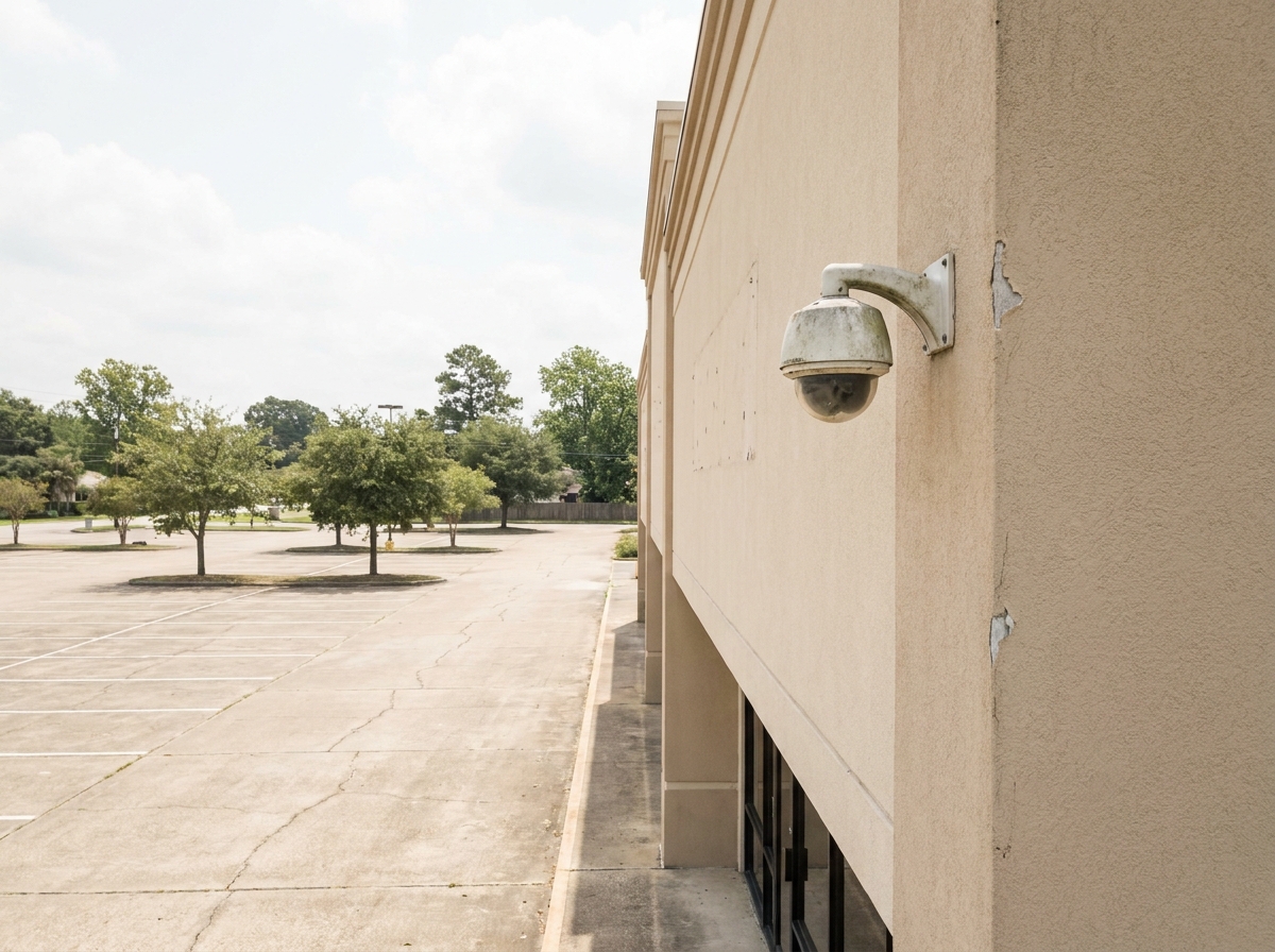 Security camera on a store wall facing the parking lot, a common source of video evidence
