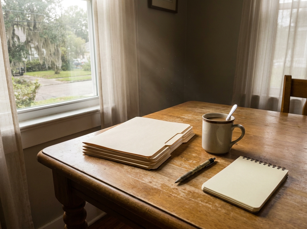Kitchen table with folders and a notepad where a family organizes papers after a fatal crash