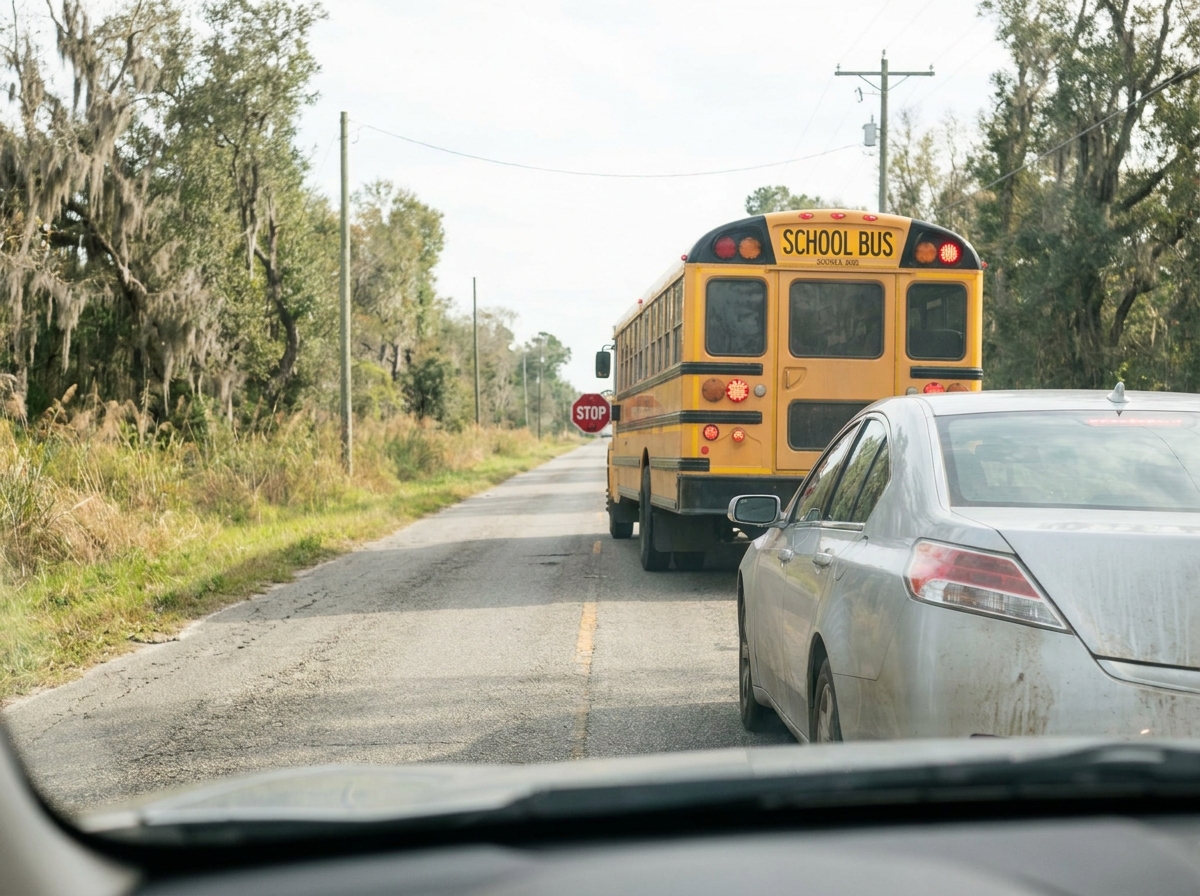 Car stopped behind a school bus with its stop arm out, as Louisiana law requires