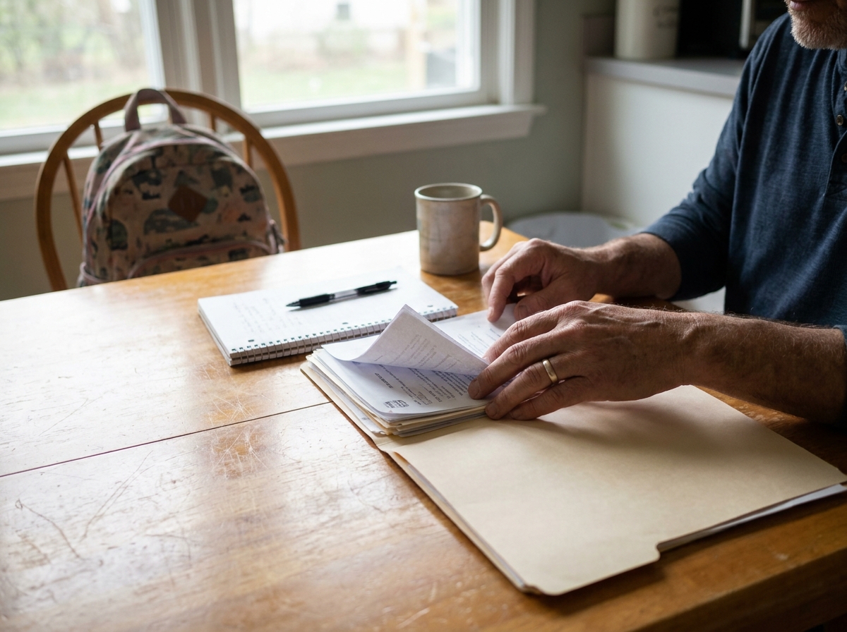 Parent organizing medical records and notes at a kitchen table after a child's bus crash